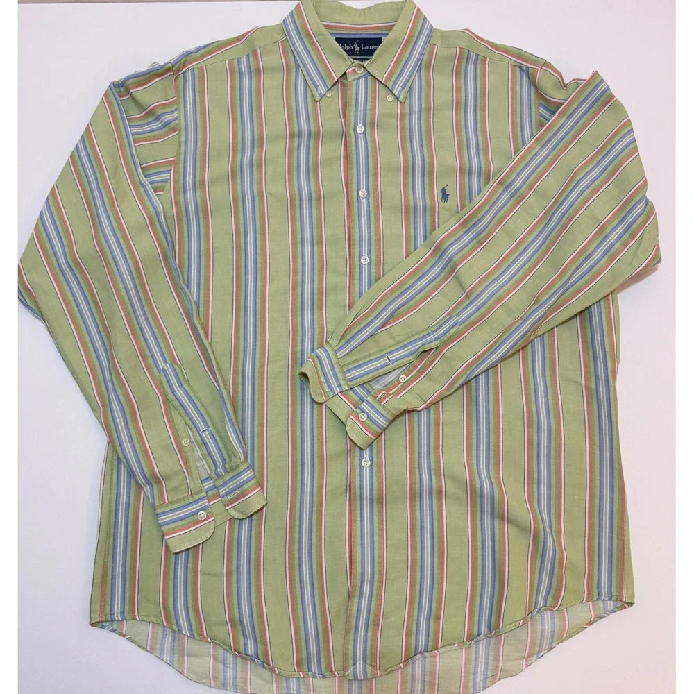 Polo Ralph Lauren Mens Classic Fit Linen Cotton Striped Shirt Green Large L